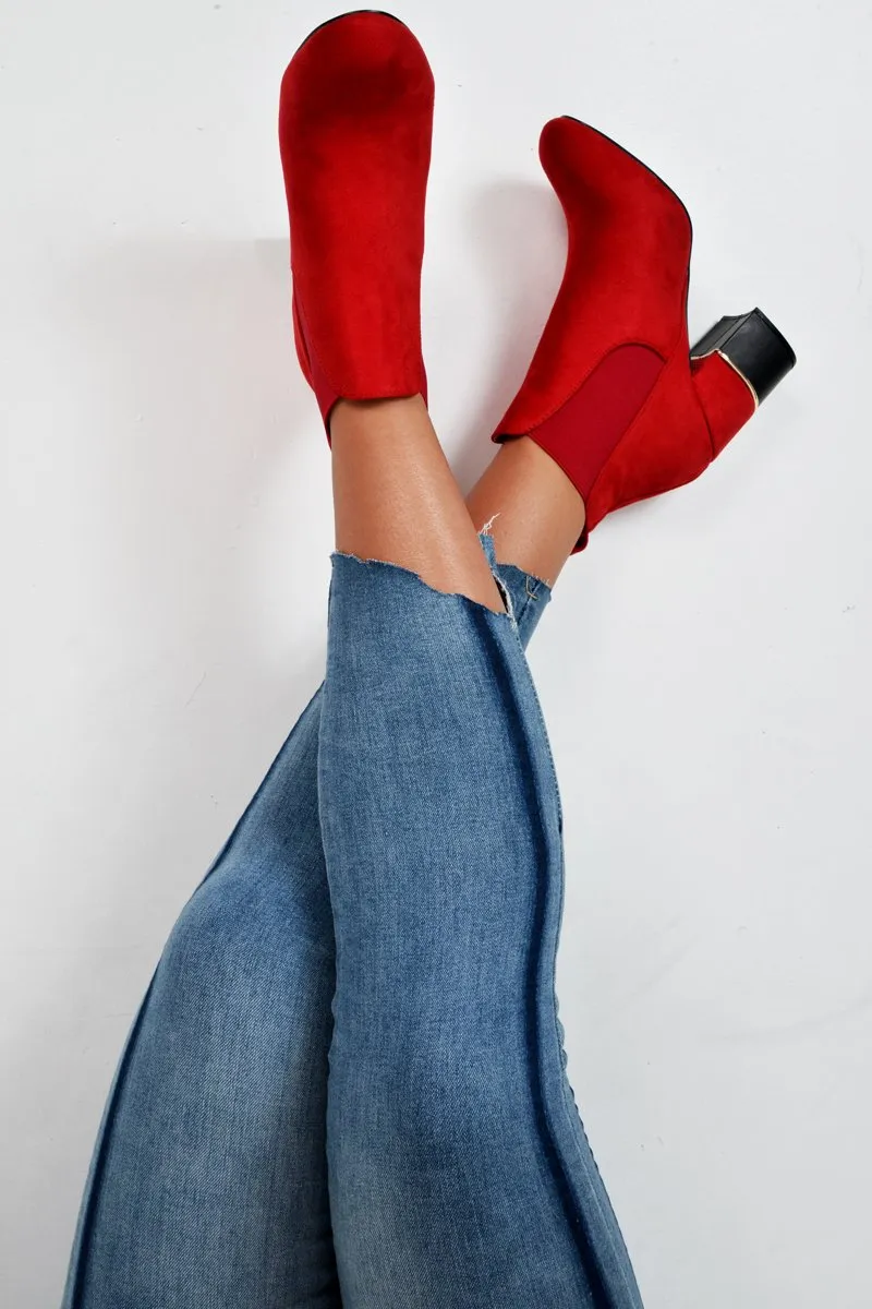 Red Suede Gold Detail Heeled Ankle Boots - Annison