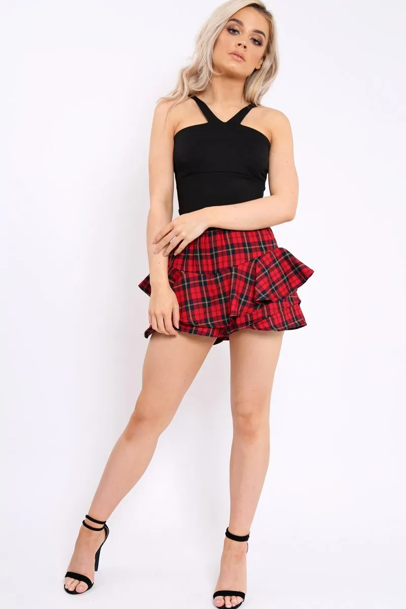 Red Tartan Frill High Waisted Shorts - Claudelle