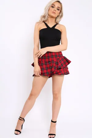 Red Tartan Frill High Waisted Shorts - Claudelle