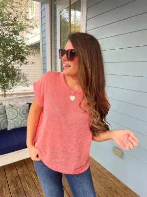 Relaxed Fit Cap Sleeve Semi-Sheer Knit Top - Coral by Sew In Love