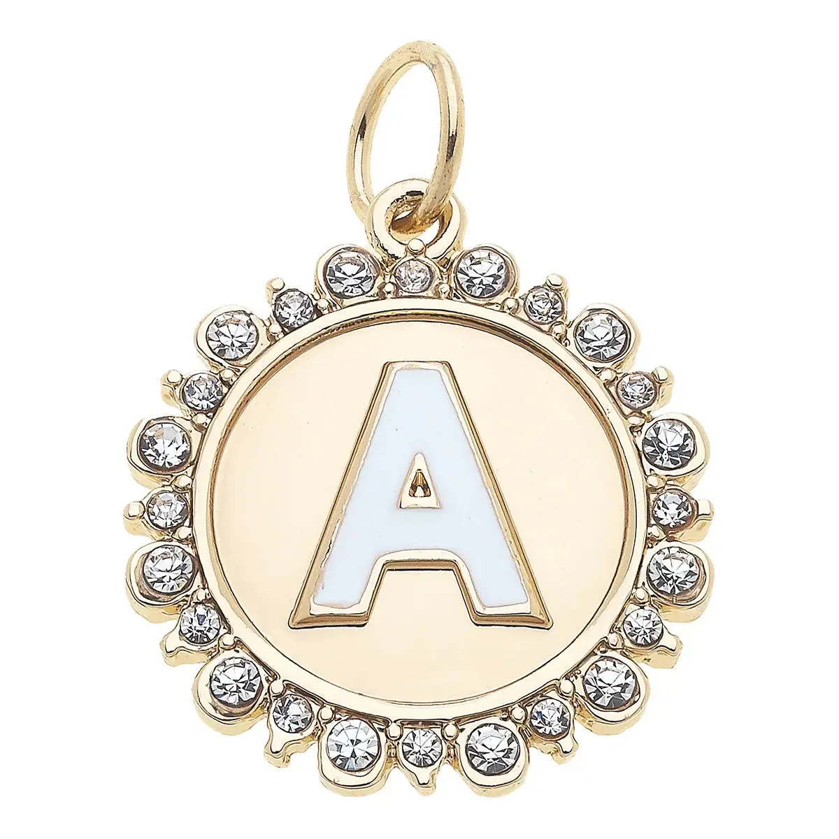 Rhinestone Letter Disc Charm in Shiny Gold