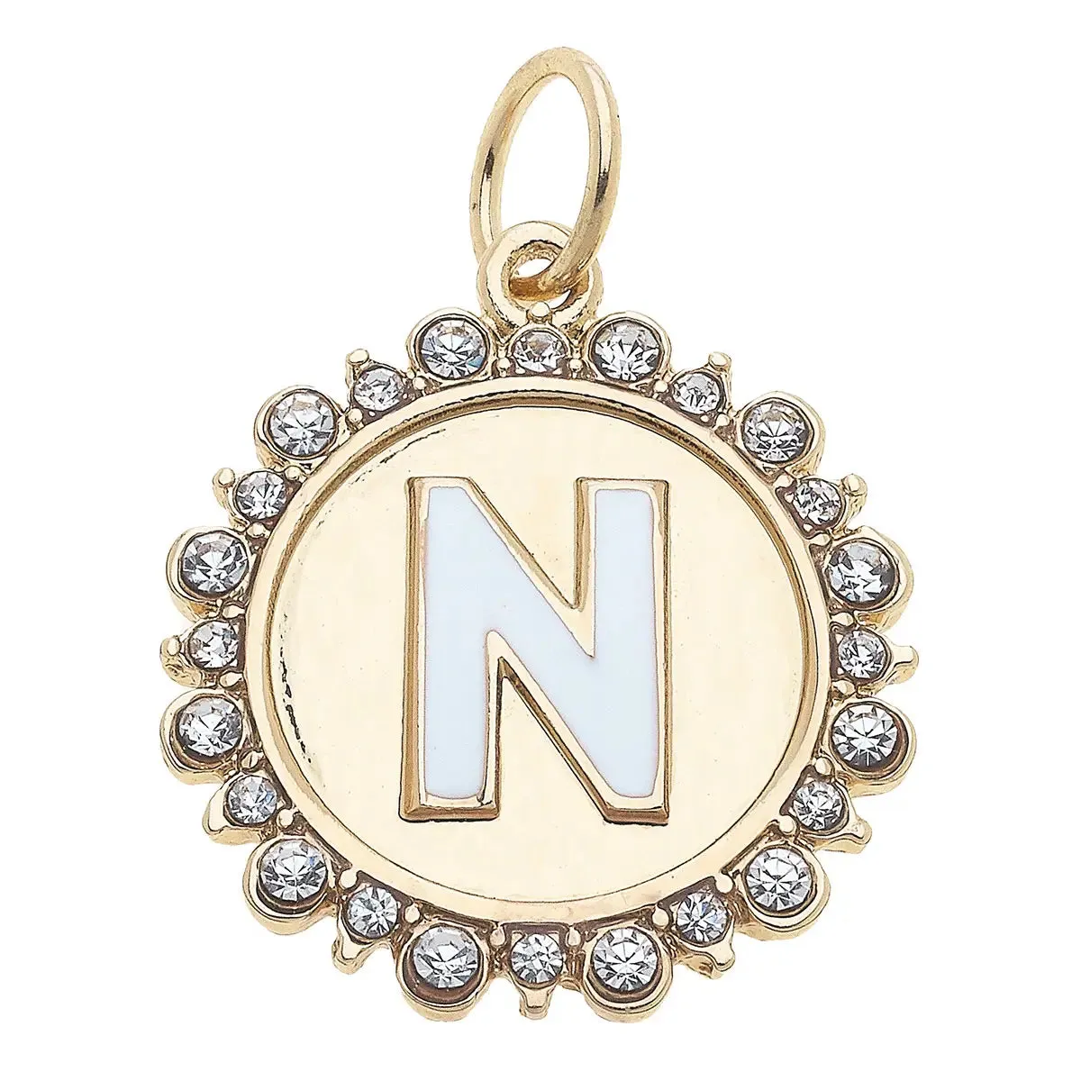 Rhinestone Letter Disc Charm in Shiny Gold