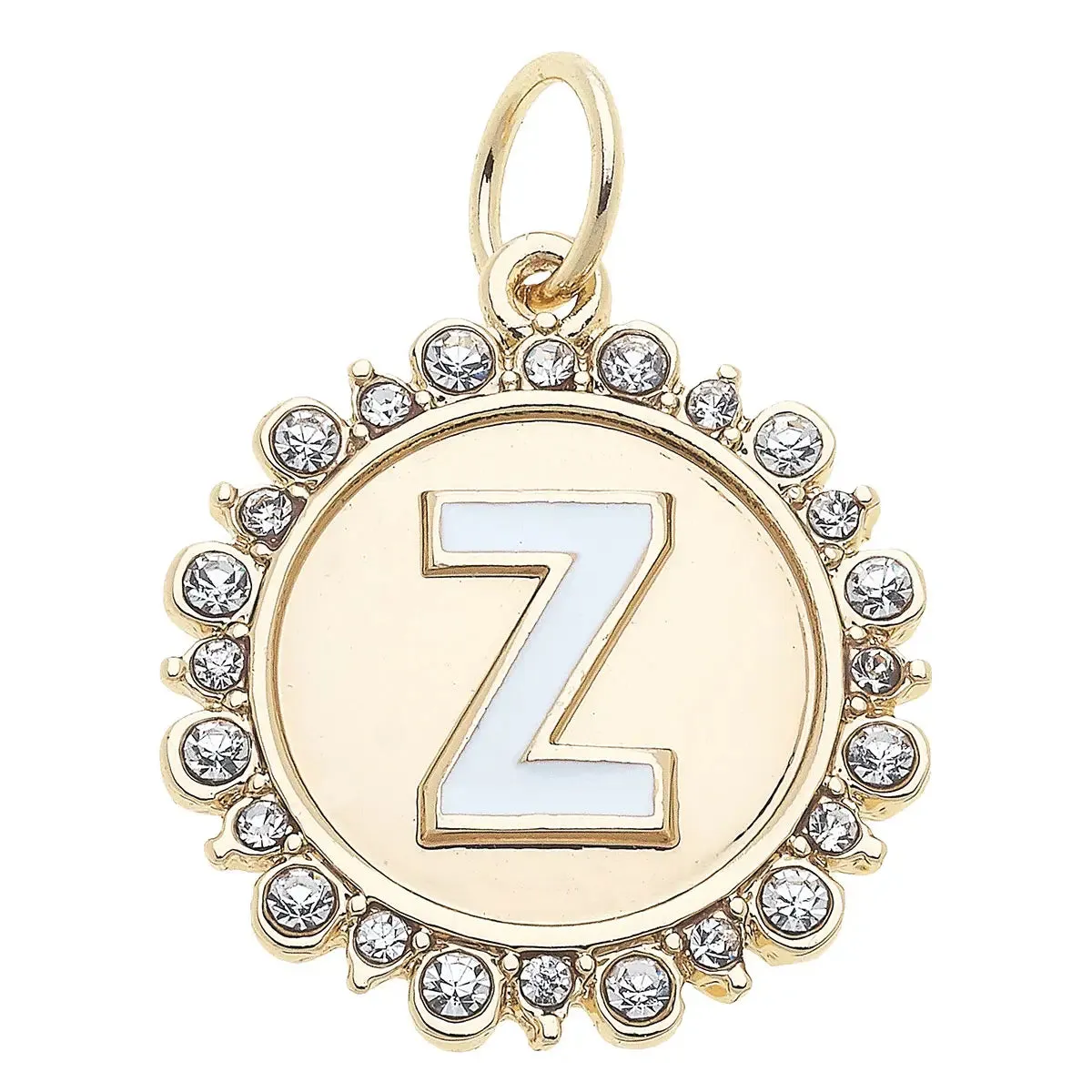 Rhinestone Letter Disc Charm in Shiny Gold