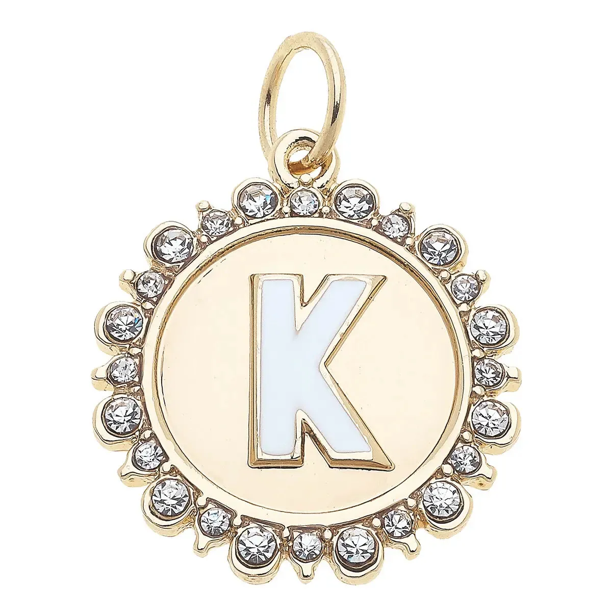 Rhinestone Letter Disc Charm in Shiny Gold