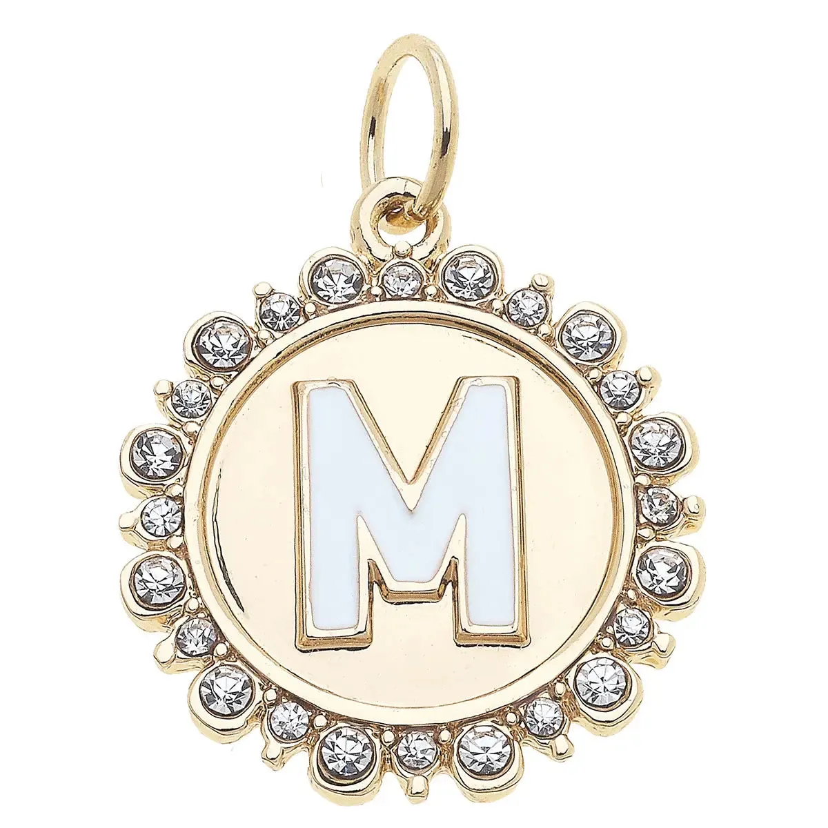 Rhinestone Letter Disc Charm in Shiny Gold