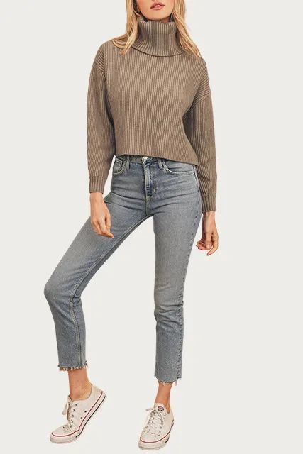 RIBBED-KNIT CROPPED TURTLENECK SWEATER