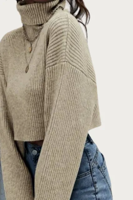 RIBBED-KNIT CROPPED TURTLENECK SWEATER