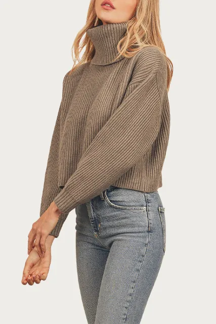 RIBBED-KNIT CROPPED TURTLENECK SWEATER