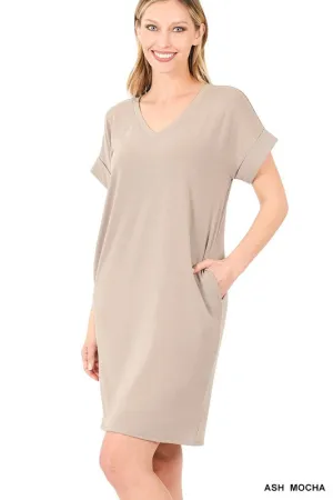 Rolled Short Sleeve V-Neck Dress