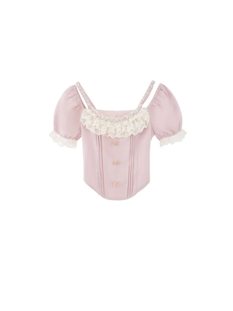 Rosette Ruffle Pearl Embellished Corset Top