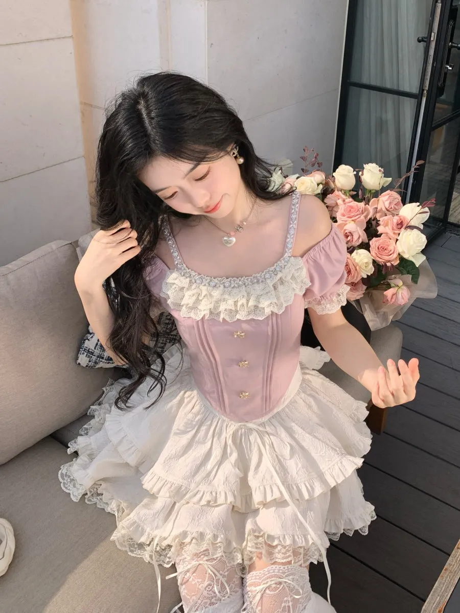 Rosette Ruffle Pearl Embellished Corset Top