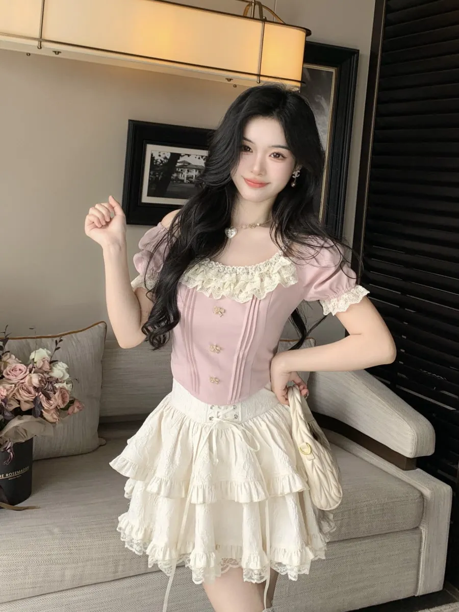 Rosette Ruffle Pearl Embellished Corset Top