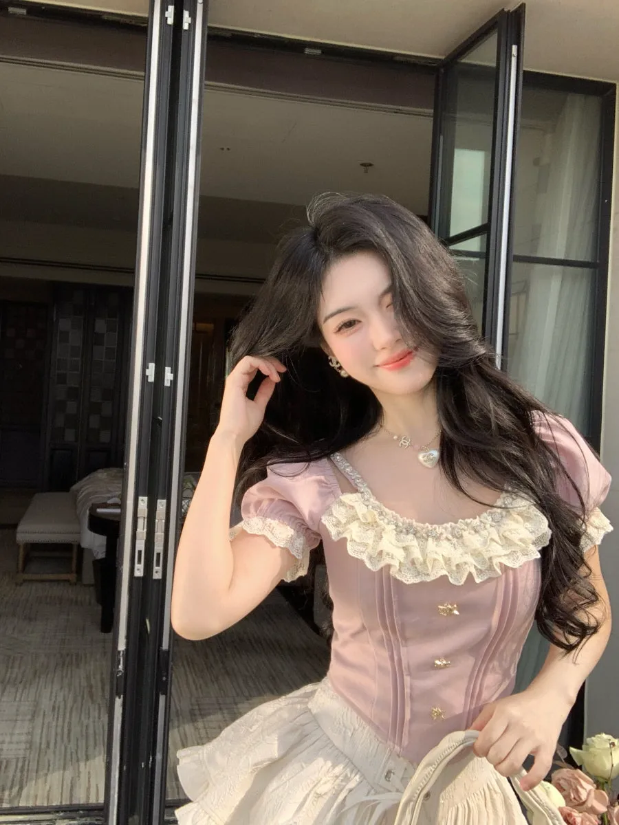 Rosette Ruffle Pearl Embellished Corset Top