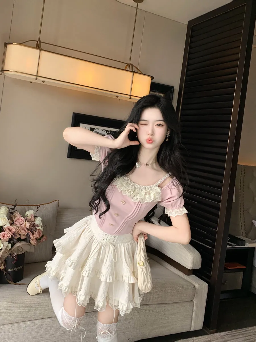 Rosette Ruffle Pearl Embellished Corset Top