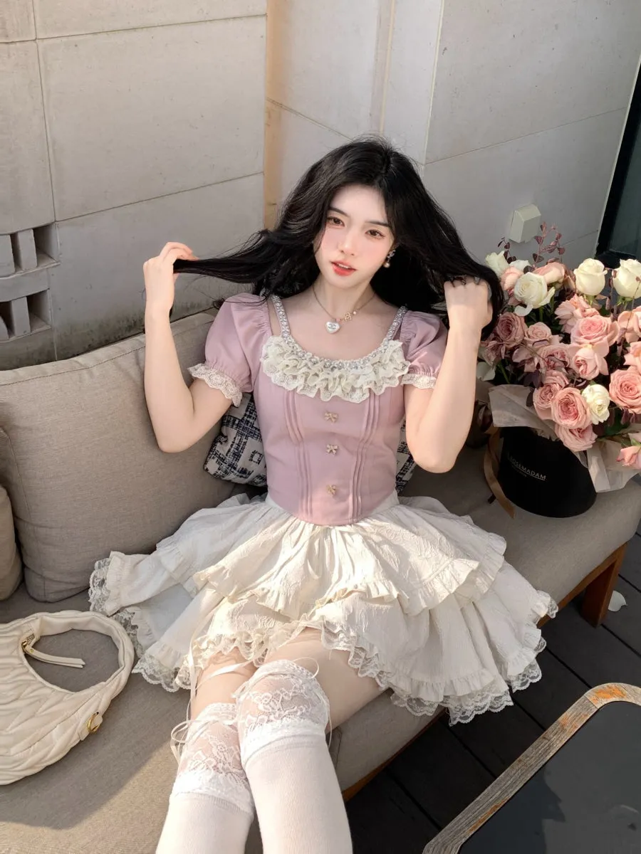 Rosette Ruffle Pearl Embellished Corset Top