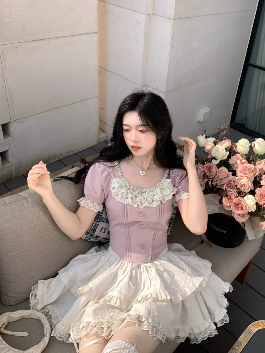 Rosette Ruffle Pearl Embellished Corset Top