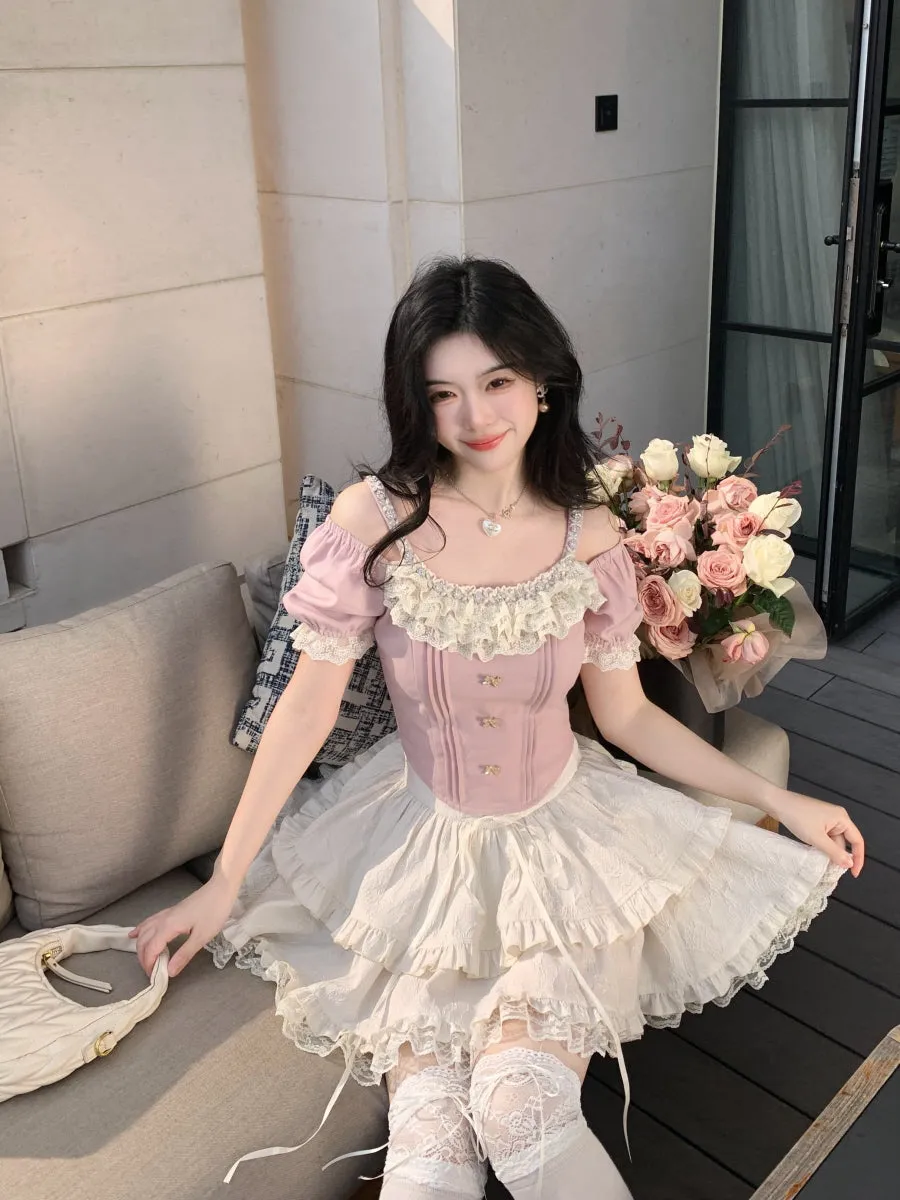 Rosette Ruffle Pearl Embellished Corset Top