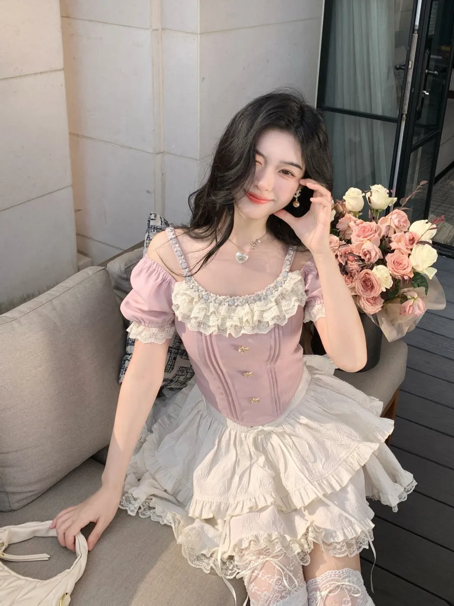 Rosette Ruffle Pearl Embellished Corset Top