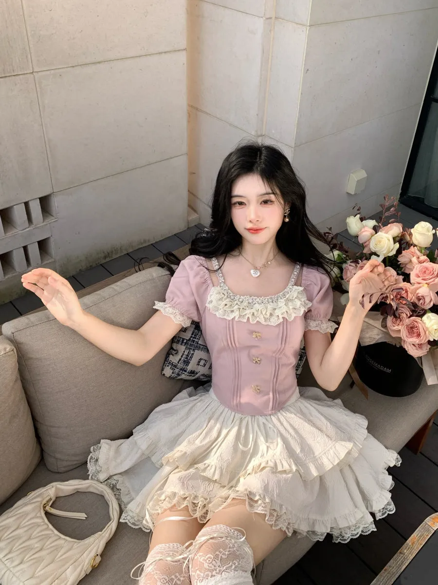 Rosette Ruffle Pearl Embellished Corset Top