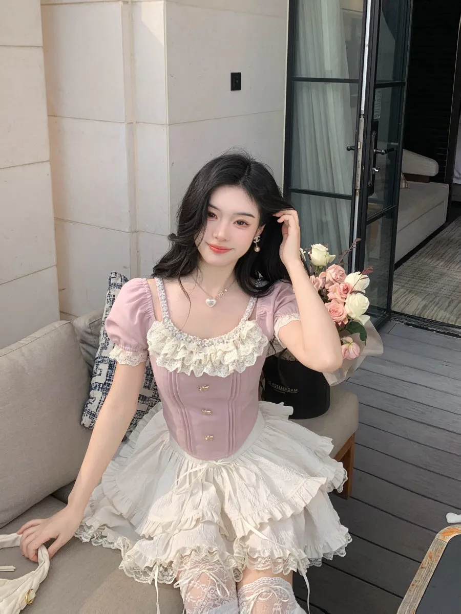Rosette Ruffle Pearl Embellished Corset Top
