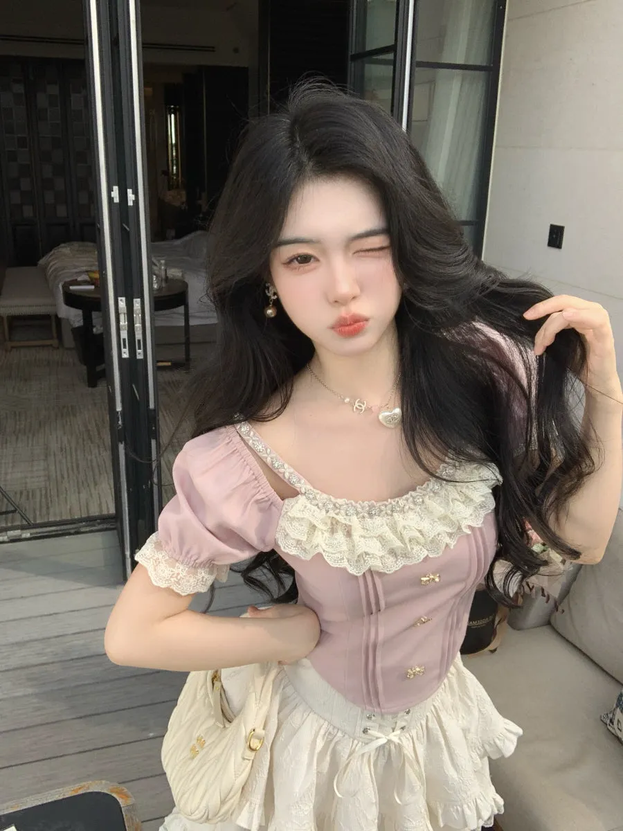 Rosette Ruffle Pearl Embellished Corset Top