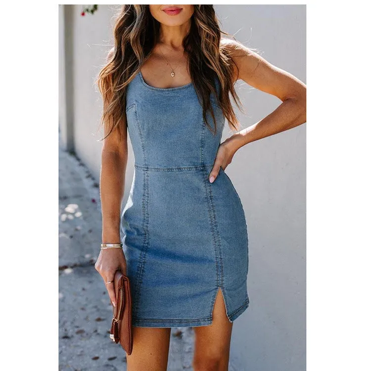 Round Collar Bodycon Denim Mini Dresses