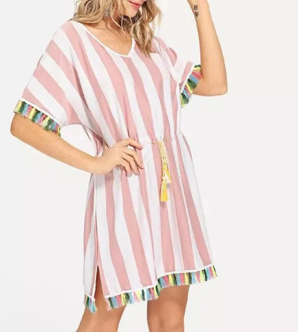 Round Neck Short Sleeve Striped Color Tassel Dress
