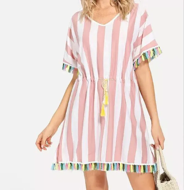 Round Neck Short Sleeve Striped Color Tassel Dress