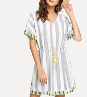 Round Neck Short Sleeve Striped Color Tassel Dress