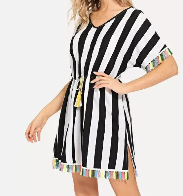 Round Neck Short Sleeve Striped Color Tassel Dress