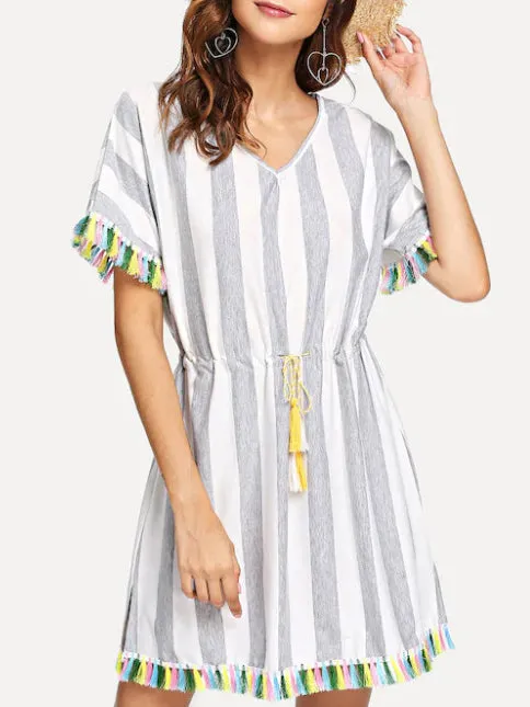 Round Neck Short Sleeve Striped Color Tassel Dress