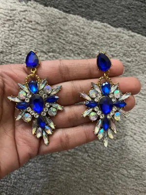 royal blue earrings , long fringe blue earrings , blue crystal earrings , long blue chandelier earrings , blue pageant earrings