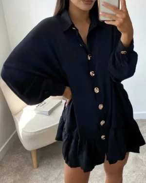 Ruffled Single-breasted Pile Collar Bubble Sleeve Mini Dresses