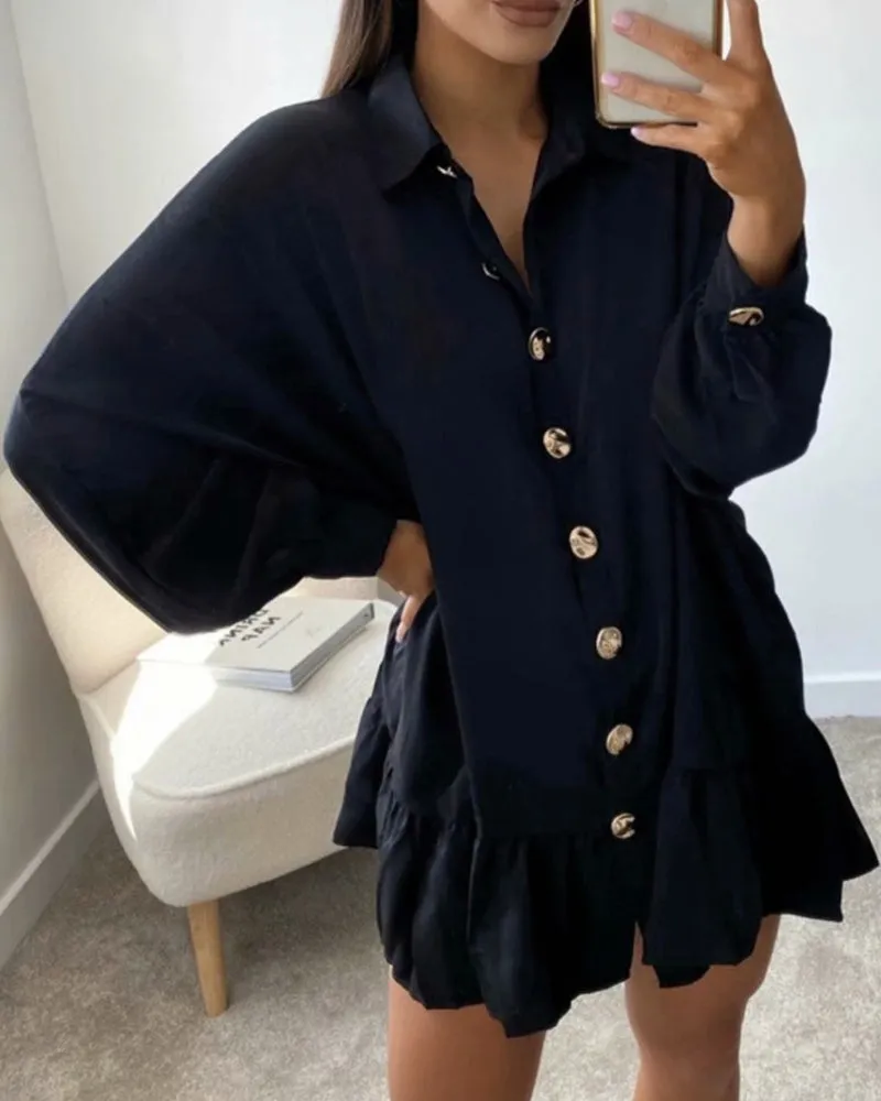 Ruffled Single-breasted Pile Collar Bubble Sleeve Mini Dresses