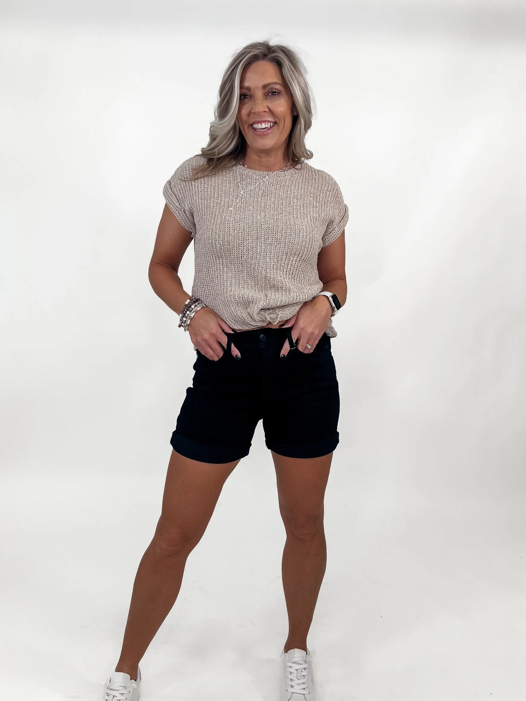 Sable High Rise Tummy Control Cuffed Shorts, Black