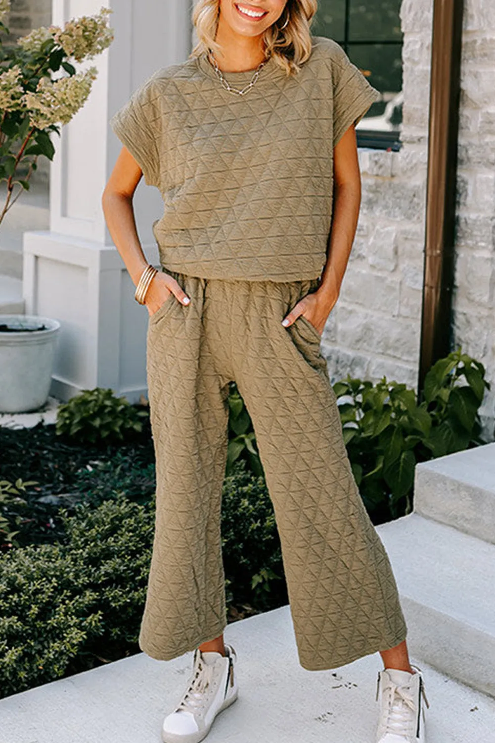 sage Green Textured Short Sleeve Wide Leg Pants Set