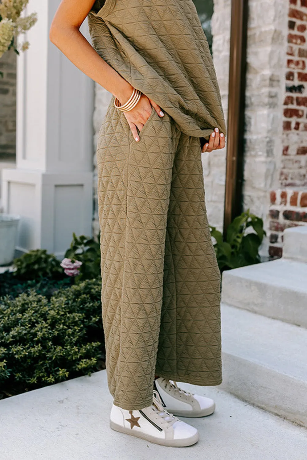 sage Green Textured Short Sleeve Wide Leg Pants Set