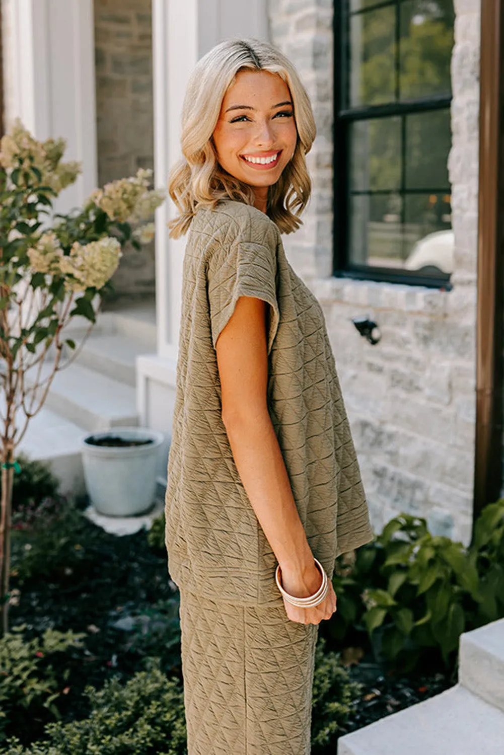 sage Green Textured Short Sleeve Wide Leg Pants Set