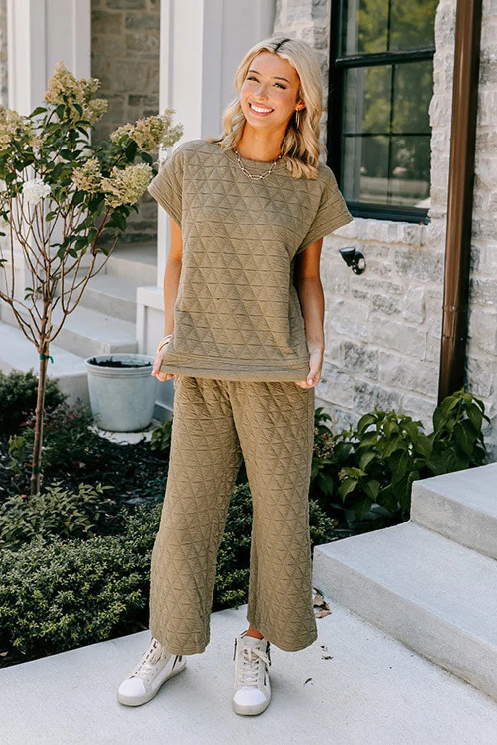 sage Green Textured Short Sleeve Wide Leg Pants Set