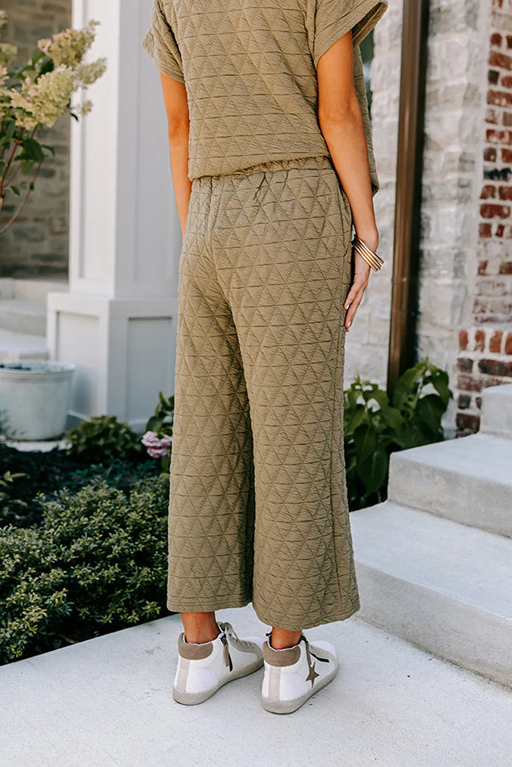 sage Green Textured Short Sleeve Wide Leg Pants Set