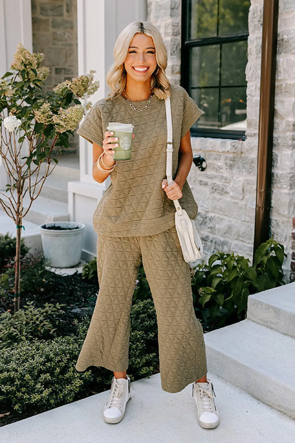sage Green Textured Short Sleeve Wide Leg Pants Set