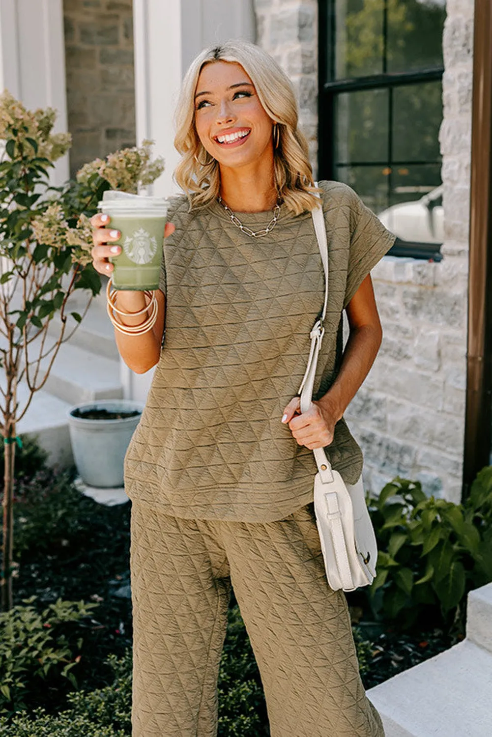 sage Green Textured Short Sleeve Wide Leg Pants Set