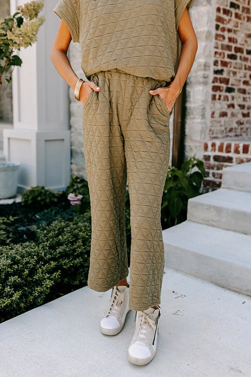 sage Green Textured Short Sleeve Wide Leg Pants Set