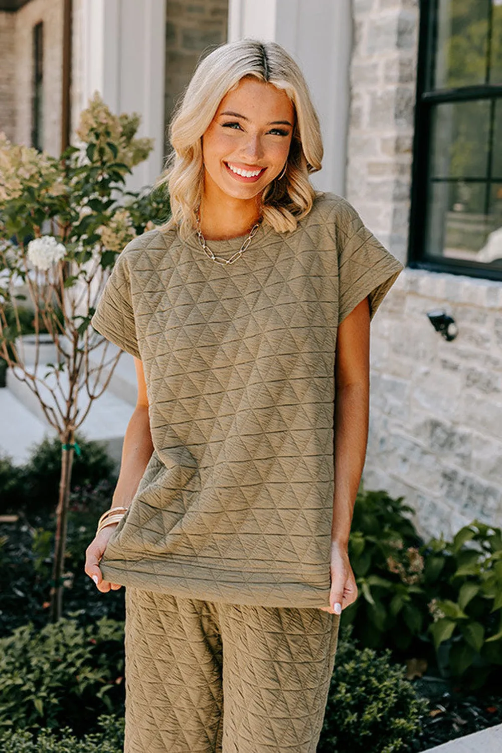 sage Green Textured Short Sleeve Wide Leg Pants Set