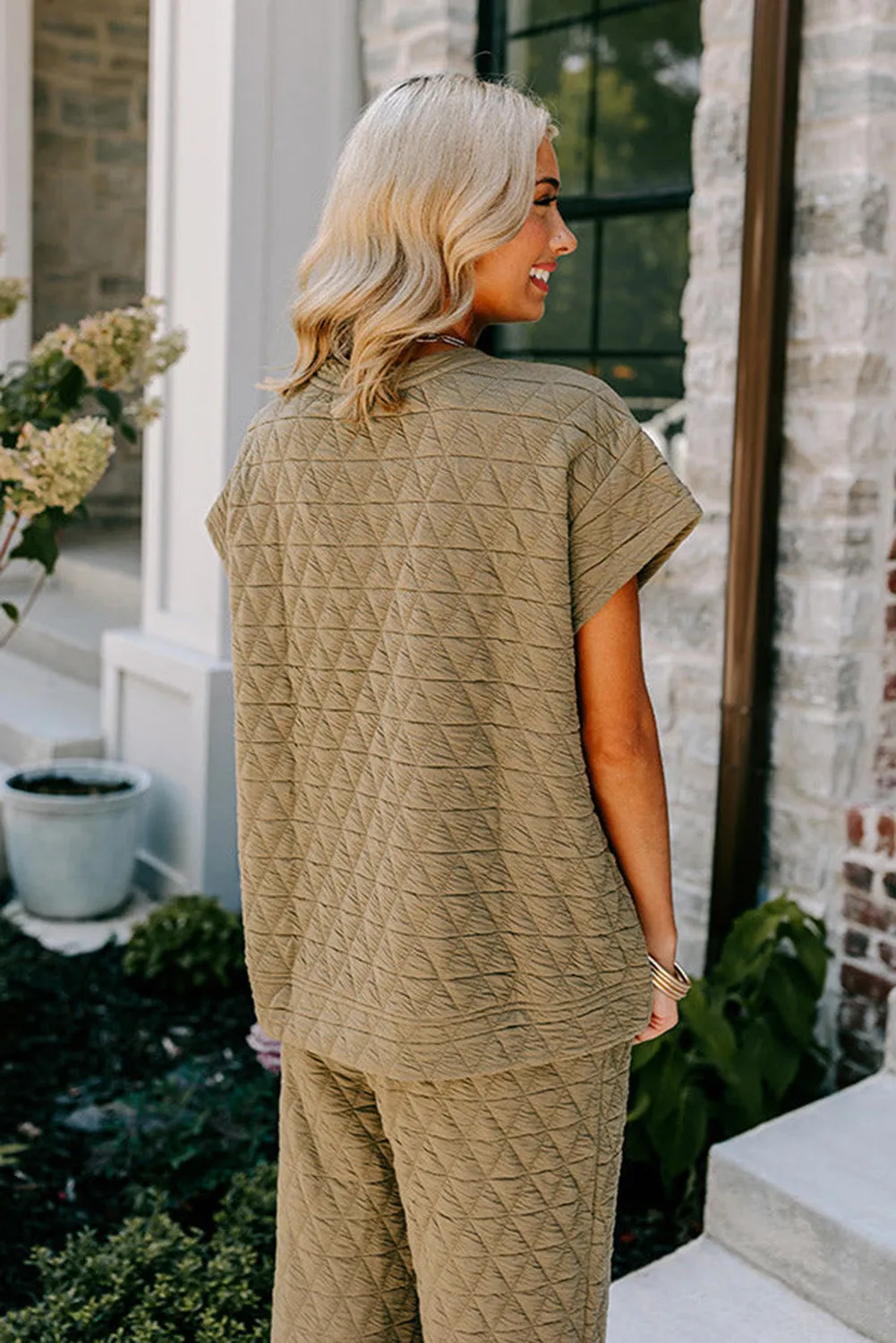 sage Green Textured Short Sleeve Wide Leg Pants Set