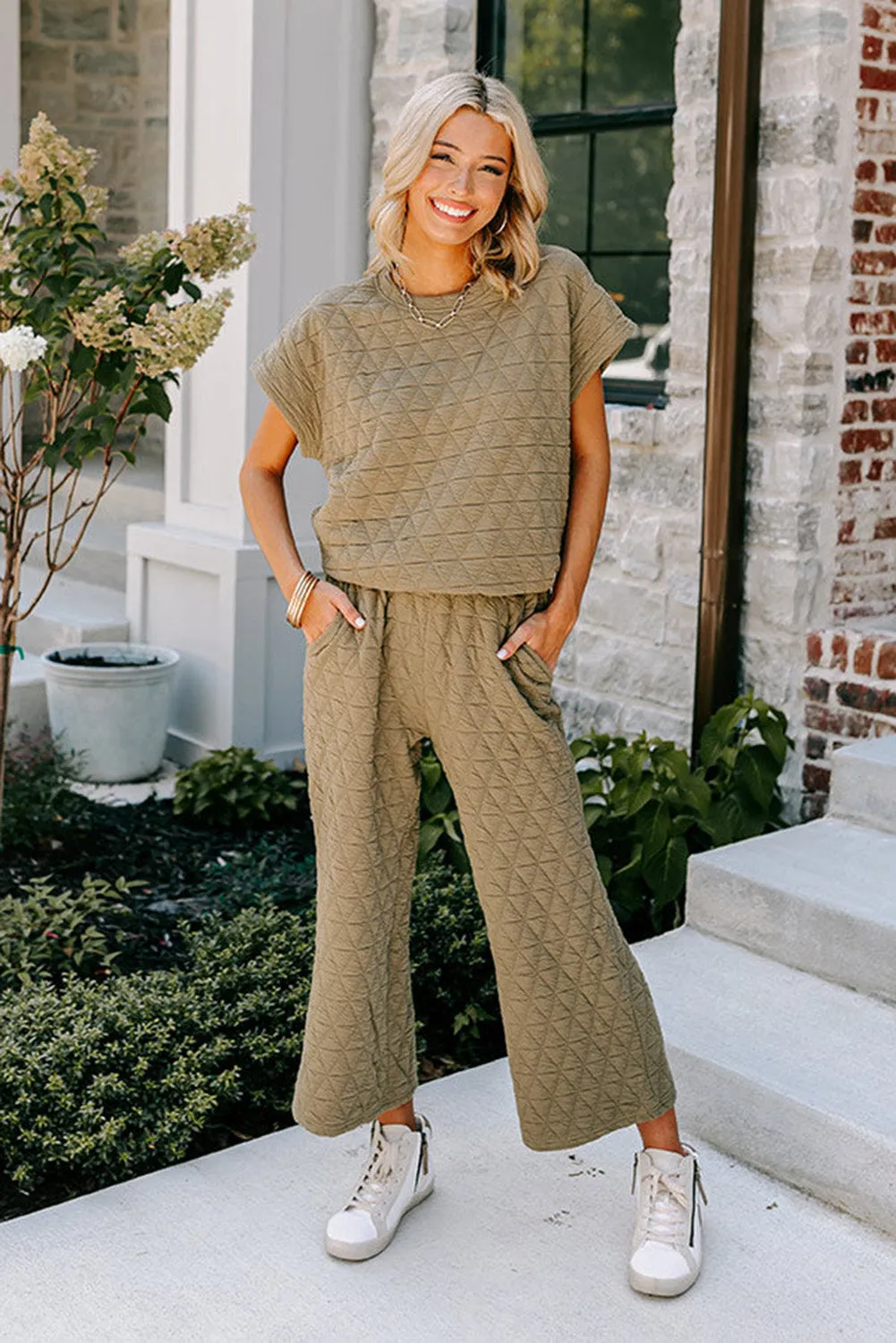 sage Green Textured Short Sleeve Wide Leg Pants Set