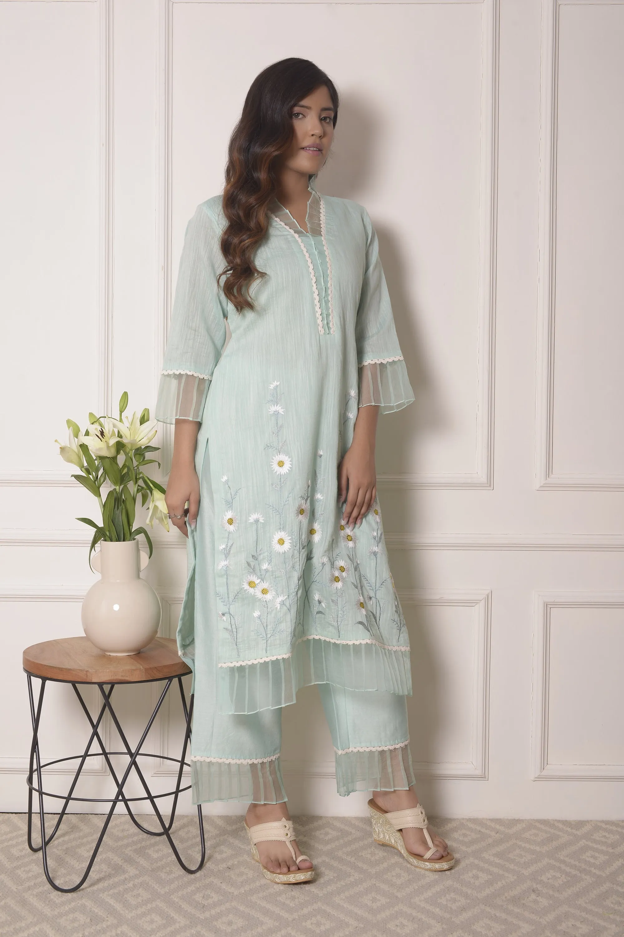 SEA BLUE SUNFLOWER DESIGN KURTA SET
