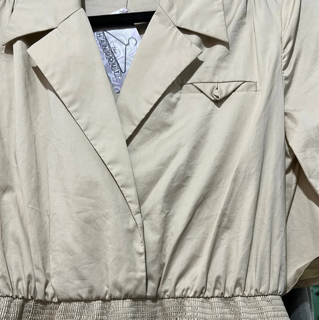 Self-Portrait Beige Cotton Collared Flared Mini Shirt Dress with Lower Back Cutout