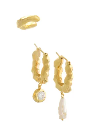 SET OF THREE WAVE PEARLS AND STONES HOOP EARRING