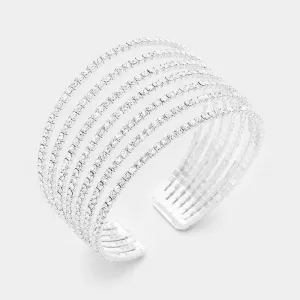 Seven Row Clear Crystal Rhinestone Cuff Bracelet on Silver  | 334199
